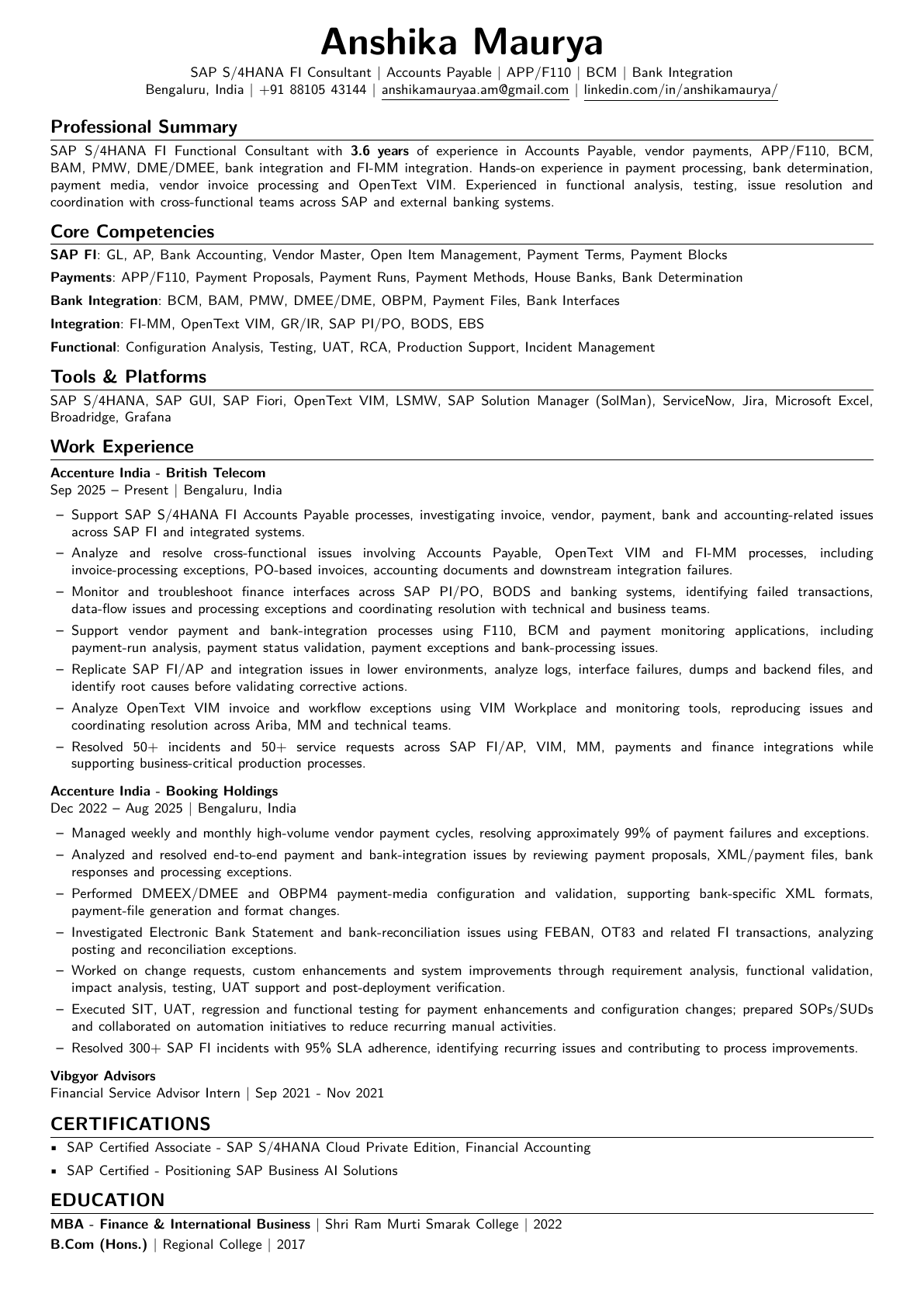 Preview of Anshika Maurya's SAP FI resume